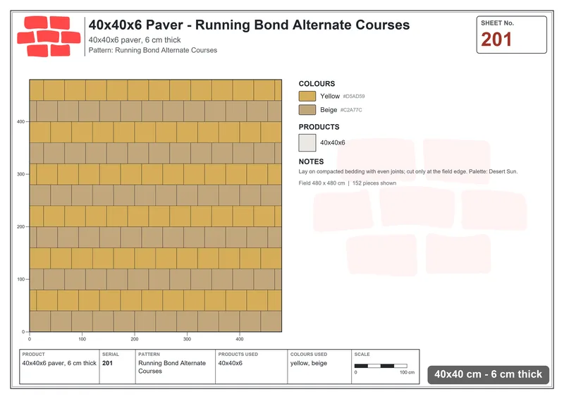 Interlock (Pasco) 40x40 cm · SQ44-201 · Running Bond Alternate Courses · Laying plan Interlock (Pasco) 40x40 cm · SQ44-201 · Running Bond Alternate Courses · Laying plan