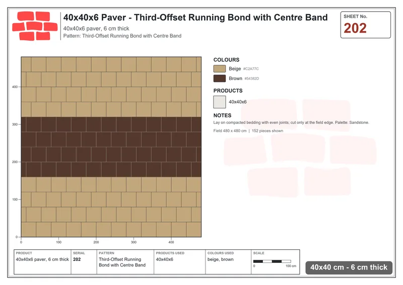 Interlock (Pasco) 40x40 cm · SQ44-202 · Third-Offset Running Bond with Centre Band · Laying plan Interlock (Pasco) 40x40 cm · SQ44-202 · Third-Offset Running Bond with Centre Band · Laying plan