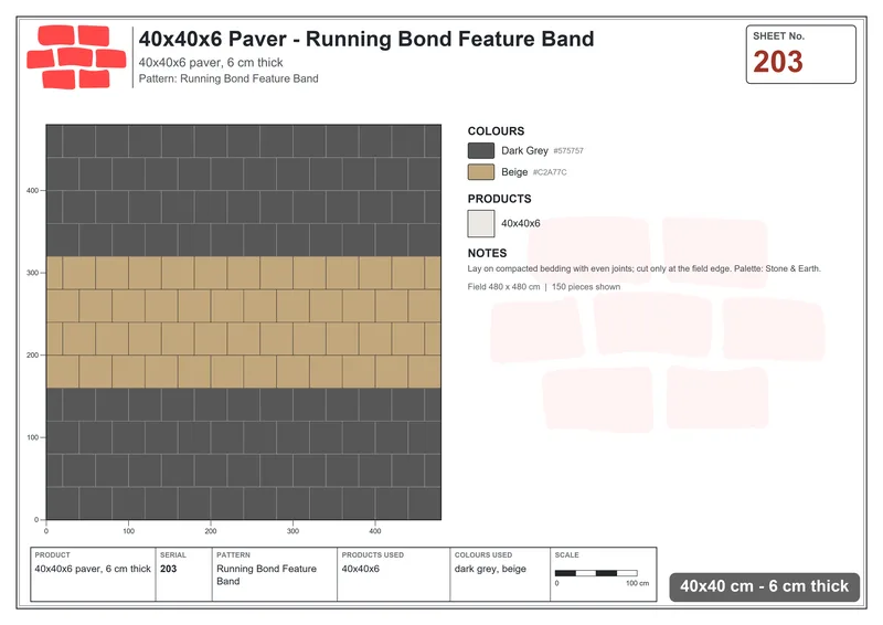 Interlock (Pasco) 40x40 cm · SQ44-203 · Running Bond Feature Band · Laying plan Interlock (Pasco) 40x40 cm · SQ44-203 · Running Bond Feature Band · Laying plan