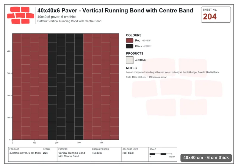 Interlock (Pasco) 40x40 cm · SQ44-204 · Vertical Running Bond with Centre Band · Laying plan Interlock (Pasco) 40x40 cm · SQ44-204 · Vertical Running Bond with Centre Band · Laying plan
