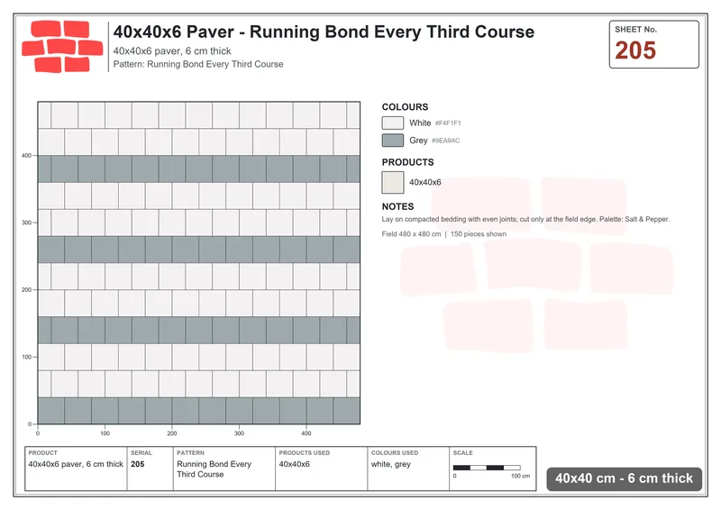Interlock (Pasco) 40x40 cm · SQ44-205 · Running Bond Every Third Course · Laying plan Interlock (Pasco) 40x40 cm · SQ44-205 · Running Bond Every Third Course · Laying plan