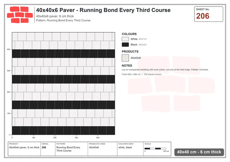 Interlock (Pasco) 40x40 cm · SQ44-206 · Running Bond Every Third Course · Laying plan Interlock (Pasco) 40x40 cm · SQ44-206 · Running Bond Every Third Course · Laying plan