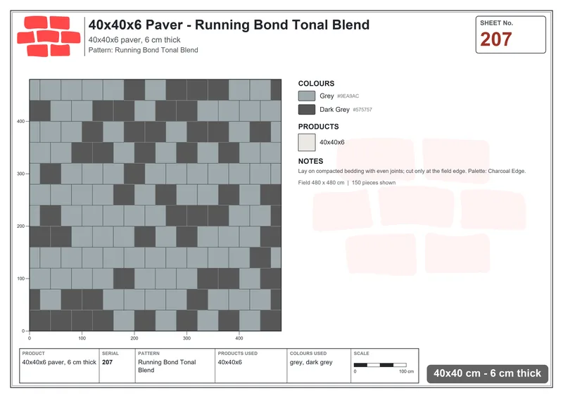 Interlock (Pasco) 40x40 cm · SQ44-207 · Running Bond Tonal Blend · Laying plan Interlock (Pasco) 40x40 cm · SQ44-207 · Running Bond Tonal Blend · Laying plan