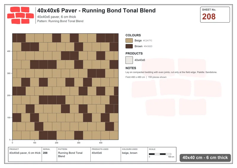 Interlock (Pasco) 40x40 cm · SQ44-208 · Running Bond Tonal Blend · Laying plan Interlock (Pasco) 40x40 cm · SQ44-208 · Running Bond Tonal Blend · Laying plan