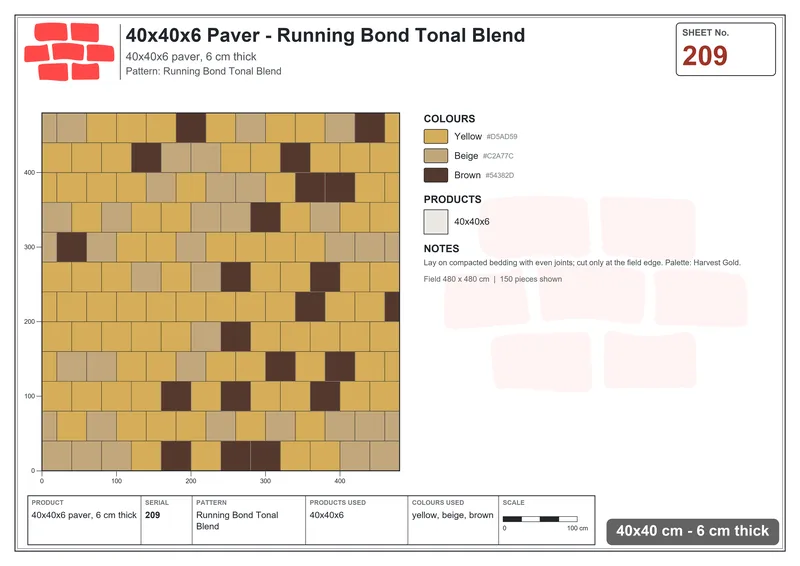 Interlock (Pasco) 40x40 cm · SQ44-209 · Running Bond Tonal Blend · Laying plan Interlock (Pasco) 40x40 cm · SQ44-209 · Running Bond Tonal Blend · Laying plan
