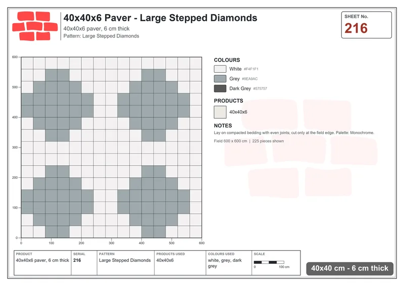 Interlock (Pasco) 40x40 cm · SQ44-216 · Large Stepped Diamonds · Laying plan Interlock (Pasco) 40x40 cm · SQ44-216 · Large Stepped Diamonds · Laying plan