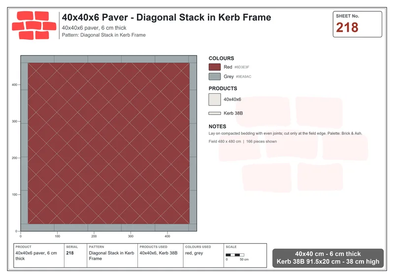 Interlock (Pasco) 40x40 cm · SQ44-218 · Diagonal Stack in Kerb Frame · Laying plan Interlock (Pasco) 40x40 cm · SQ44-218 · Diagonal Stack in Kerb Frame · Laying plan