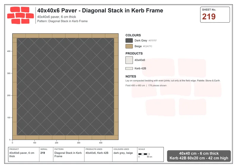 Interlock (Pasco) 40x40 cm · SQ44-219 · Diagonal Stack in Kerb Frame · Laying plan Interlock (Pasco) 40x40 cm · SQ44-219 · Diagonal Stack in Kerb Frame · Laying plan