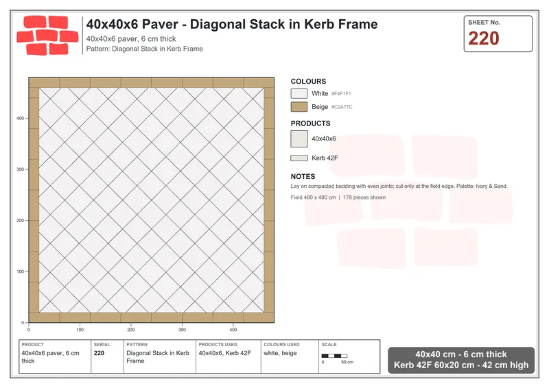 Interlock (Pasco) 40x40 cm · SQ44-220 · Diagonal Stack in Kerb Frame · Laying plan Interlock (Pasco) 40x40 cm · SQ44-220 · Diagonal Stack in Kerb Frame · Laying plan