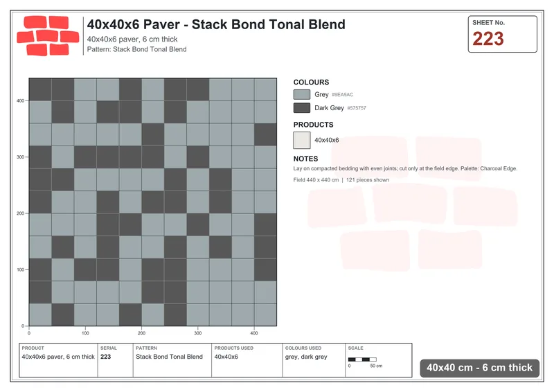 Interlock (Pasco) 40x40 cm · SQ44-223 · Stack Bond Tonal Blend · Laying plan Interlock (Pasco) 40x40 cm · SQ44-223 · Stack Bond Tonal Blend · Laying plan