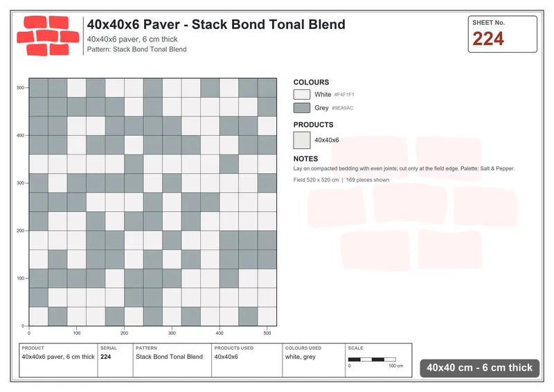 Interlock (Pasco) 40x40 cm · SQ44-224 · Stack Bond Tonal Blend · Laying plan Interlock (Pasco) 40x40 cm · SQ44-224 · Stack Bond Tonal Blend · Laying plan