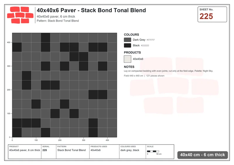 Interlock (Pasco) 40x40 cm · SQ44-225 · Stack Bond Tonal Blend · Laying plan Interlock (Pasco) 40x40 cm · SQ44-225 · Stack Bond Tonal Blend · Laying plan