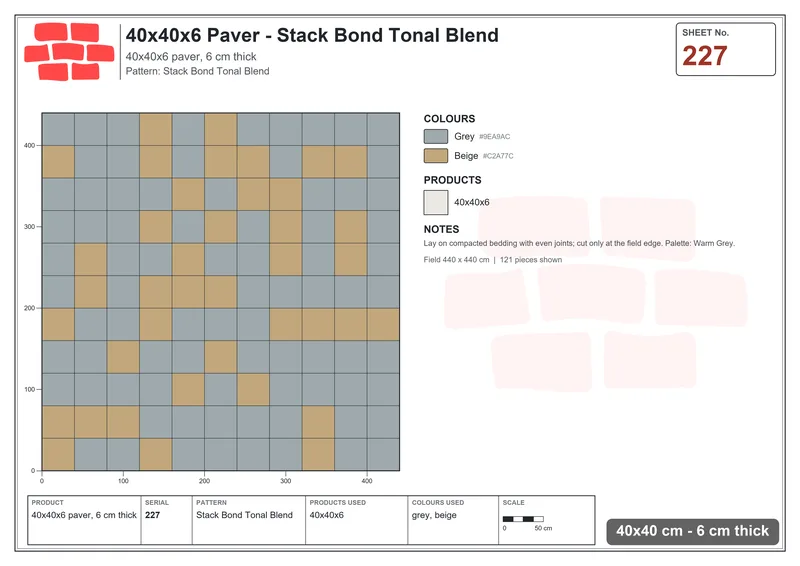 Interlock (Pasco) 40x40 cm · SQ44-227 · Stack Bond Tonal Blend · Laying plan Interlock (Pasco) 40x40 cm · SQ44-227 · Stack Bond Tonal Blend · Laying plan