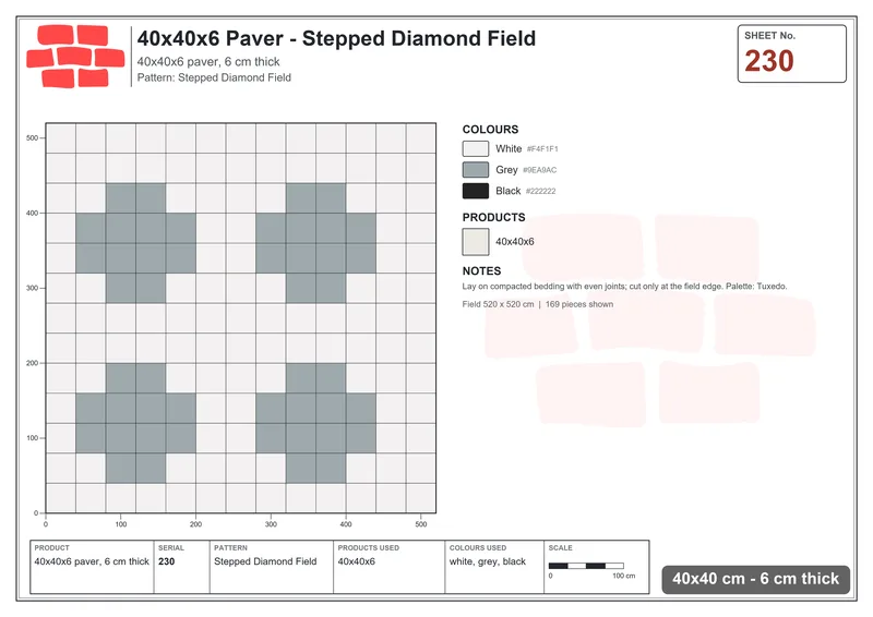 Interlock (Pasco) 40x40 cm · SQ44-230 · Stepped Diamond Field · Laying plan Interlock (Pasco) 40x40 cm · SQ44-230 · Stepped Diamond Field · Laying plan