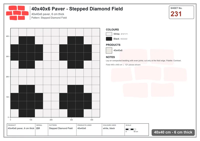 Interlock (Pasco) 40x40 cm · SQ44-231 · Stepped Diamond Field · Laying plan Interlock (Pasco) 40x40 cm · SQ44-231 · Stepped Diamond Field · Laying plan