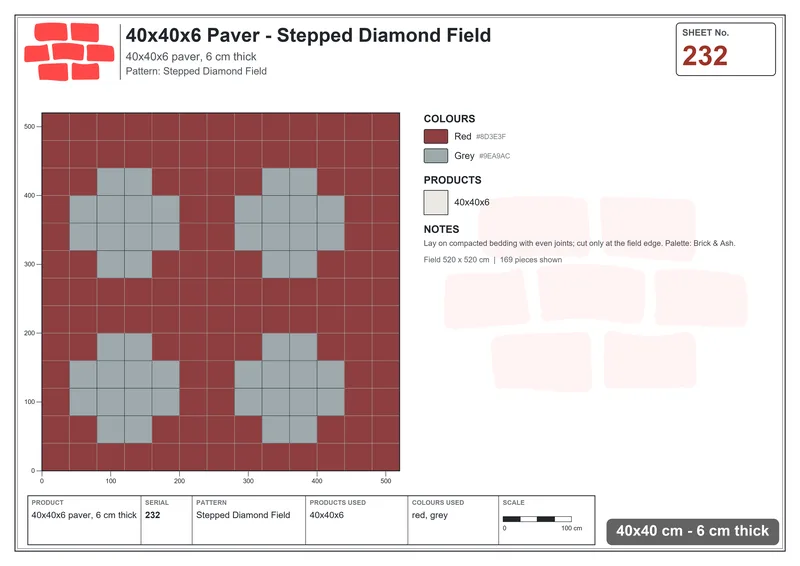 Interlock (Pasco) 40x40 cm · SQ44-232 · Stepped Diamond Field · Laying plan Interlock (Pasco) 40x40 cm · SQ44-232 · Stepped Diamond Field · Laying plan