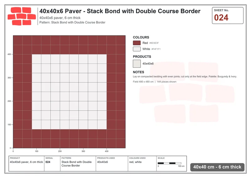 Interlock (Pasco) 40x40 cm · SQ44-24 · Stack Bond with Double Course Border · Laying plan Interlock (Pasco) 40x40 cm · SQ44-24 · Stack Bond with Double Course Border · Laying plan