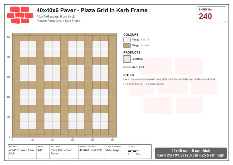 Interlock (Pasco) 40x40 cm · SQ44-240 · Plaza Grid in Kerb Frame · Laying plan Interlock (Pasco) 40x40 cm · SQ44-240 · Plaza Grid in Kerb Frame · Laying plan