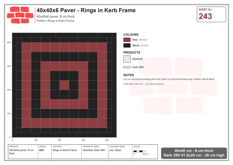 Interlock (Pasco) 40x40 cm · SQ44-243 · Rings in Kerb Frame · Laying plan Interlock (Pasco) 40x40 cm · SQ44-243 · Rings in Kerb Frame · Laying plan