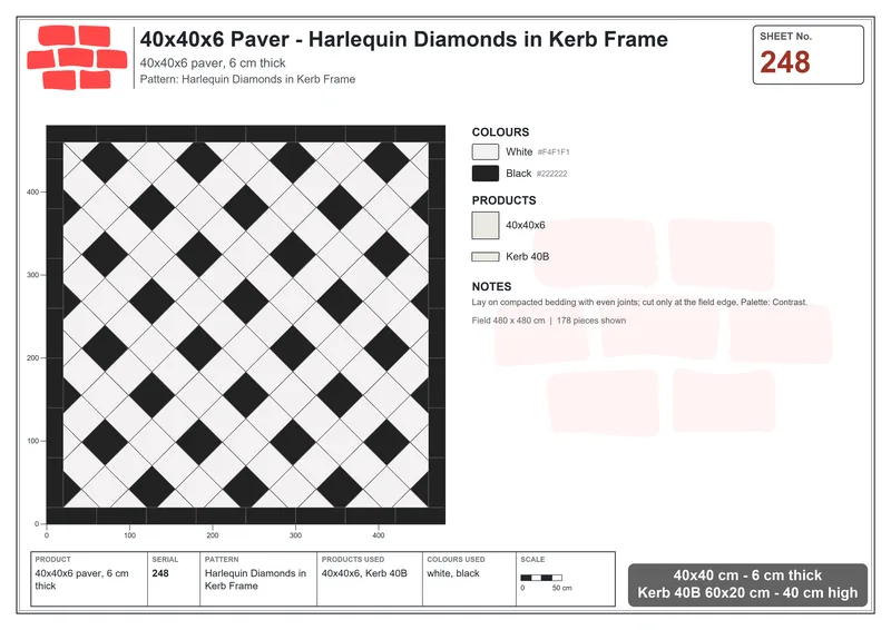 Interlock (Pasco) 40x40 cm · SQ44-248 · Harlequin Diamonds in Kerb Frame · Laying plan Interlock (Pasco) 40x40 cm · SQ44-248 · Harlequin Diamonds in Kerb Frame · Laying plan