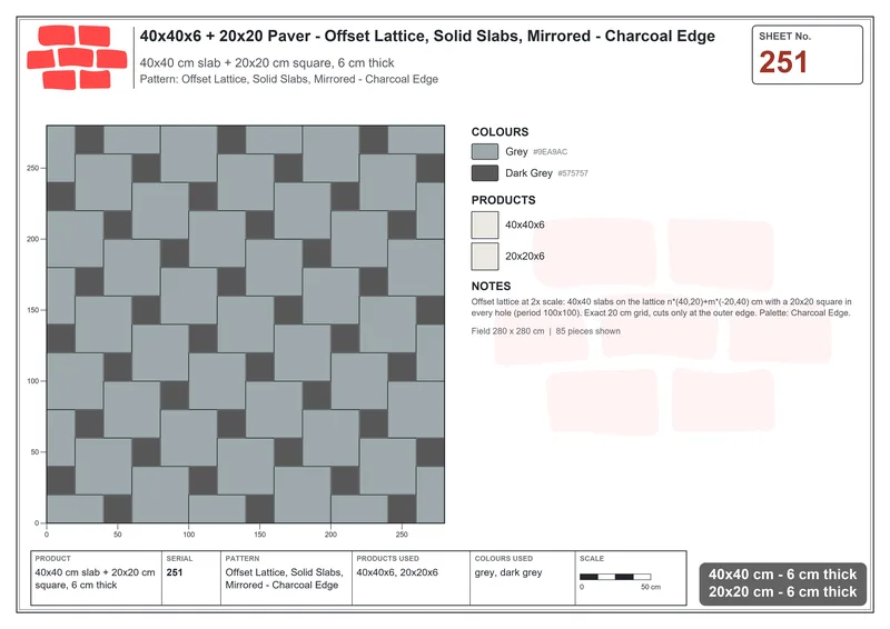 Interlock (Pasco) 40x40 cm · SQ44-251 · Offset Lattice, Solid Slabs, Mirrored - Charcoal Edge · Laying plan Interlock (Pasco) 40x40 cm · SQ44-251 · Offset Lattice, Solid Slabs, Mirrored - Charcoal Edge · Laying plan