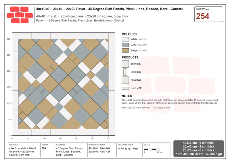 Interlock (Pasco) 40x40 cm · SQ44-254 · 45 Degree Slab Panels, Plank Lines, Beaded, Kerb - Coastal · Laying plan Interlock (Pasco) 40x40 cm · SQ44-254 · 45 Degree Slab Panels, Plank Lines, Beaded, Kerb - Coastal · Laying plan