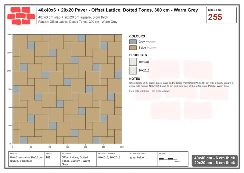 Interlock (Pasco) 40x40 cm · SQ44-255 · Offset Lattice, Dotted Tones, 300 cm - Warm Grey · Laying plan Interlock (Pasco) 40x40 cm · SQ44-255 · Offset Lattice, Dotted Tones, 300 cm - Warm Grey · Laying plan