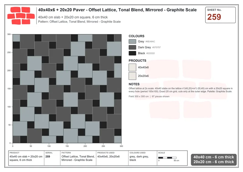Interlock (Pasco) 40x40 cm · SQ44-259 · Offset Lattice, Tonal Blend, Mirrored - Graphite Scale · Laying plan Interlock (Pasco) 40x40 cm · SQ44-259 · Offset Lattice, Tonal Blend, Mirrored - Graphite Scale · Laying plan