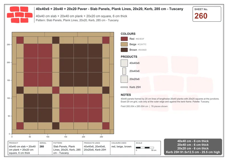 Interlock (Pasco) 40x40 cm · SQ44-260 · Slab Panels, Plank Lines, 20x20, Kerb, 285 cm - Tuscany · Laying plan Interlock (Pasco) 40x40 cm · SQ44-260 · Slab Panels, Plank Lines, 20x20, Kerb, 285 cm - Tuscany · Laying plan