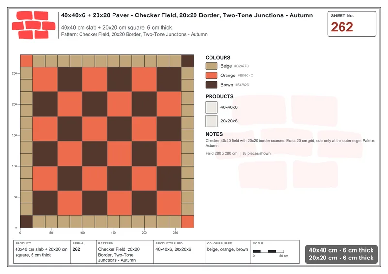 Interlock (Pasco) 40x40 cm · SQ44-262 · Checker Field, 20x20 Border, Two-Tone Junctions - Autumn · Laying plan Interlock (Pasco) 40x40 cm · SQ44-262 · Checker Field, 20x20 Border, Two-Tone Junctions - Autumn · Laying plan