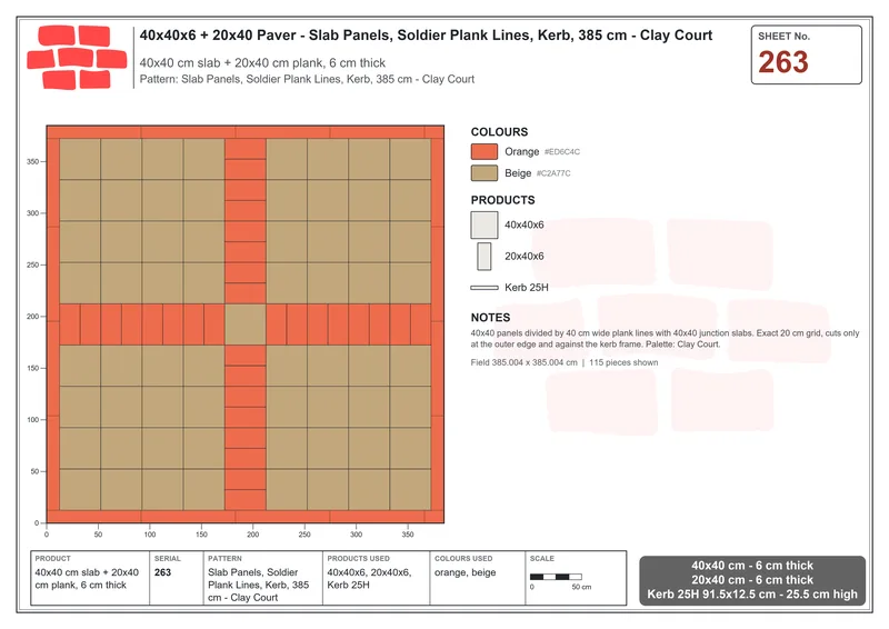 Interlock (Pasco) 40x40 cm · SQ44-263 · Slab Panels, Soldier Plank Lines, Kerb, 385 cm - Clay Court · Laying plan Interlock (Pasco) 40x40 cm · SQ44-263 · Slab Panels, Soldier Plank Lines, Kerb, 385 cm - Clay Court · Laying plan