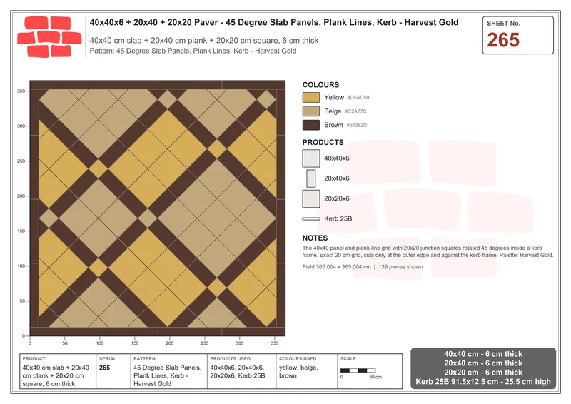 Interlock (Pasco) 40x40 cm · SQ44-265 · 45 Degree Slab Panels, Plank Lines, Kerb - Harvest Gold · Laying plan Interlock (Pasco) 40x40 cm · SQ44-265 · 45 Degree Slab Panels, Plank Lines, Kerb - Harvest Gold · Laying plan
