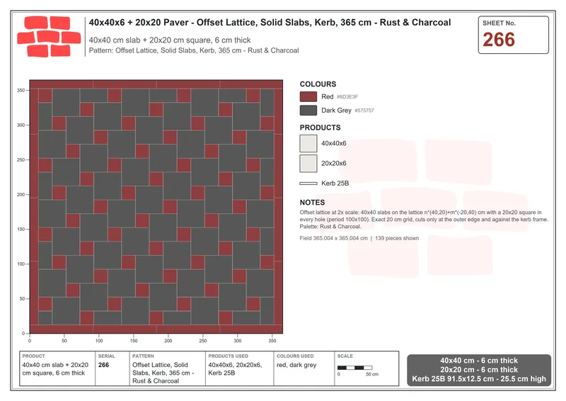 Interlock (Pasco) 40x40 cm · SQ44-266 · Offset Lattice, Solid Slabs, Kerb, 365 cm - Rust & Charcoal · Laying plan Interlock (Pasco) 40x40 cm · SQ44-266 · Offset Lattice, Solid Slabs, Kerb, 365 cm - Rust & Charcoal · Laying plan
