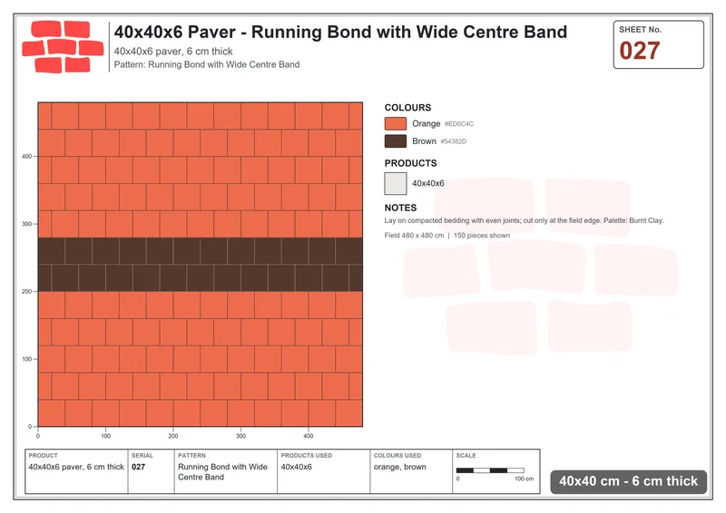 Interlock (Pasco) 40x40 cm · SQ44-27 · Running Bond with Wide Centre Band · Laying plan Interlock (Pasco) 40x40 cm · SQ44-27 · Running Bond with Wide Centre Band · Laying plan