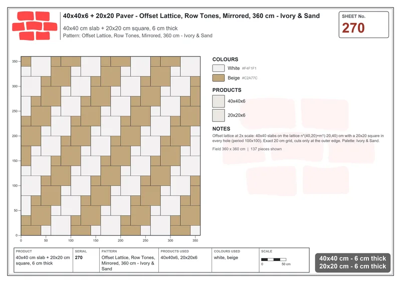Interlock (Pasco) 40x40 cm · SQ44-270 · Offset Lattice, Row Tones, Mirrored, 360 cm - Ivory & Sand · Laying plan Interlock (Pasco) 40x40 cm · SQ44-270 · Offset Lattice, Row Tones, Mirrored, 360 cm - Ivory & Sand · Laying plan
