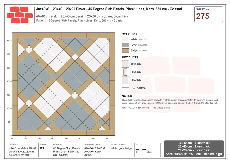 Interlock (Pasco) 40x40 cm · SQ44-275 · 45 Degree Slab Panels, Plank Lines, Kerb, 380 cm - Coastal · Laying plan Interlock (Pasco) 40x40 cm · SQ44-275 · 45 Degree Slab Panels, Plank Lines, Kerb, 380 cm - Coastal · Laying plan