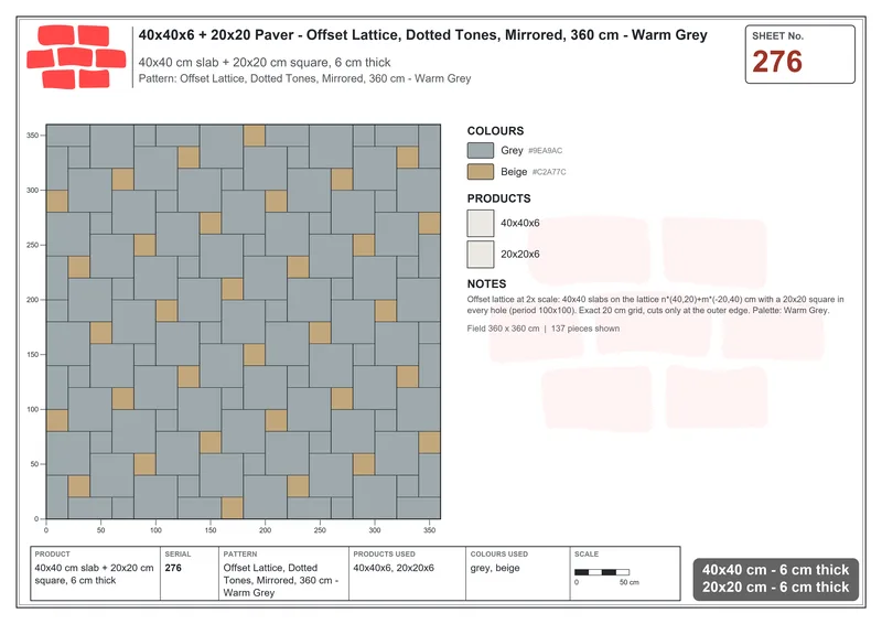 Interlock (Pasco) 40x40 cm · SQ44-276 · Offset Lattice, Dotted Tones, Mirrored, 360 cm - Warm Grey · Laying plan Interlock (Pasco) 40x40 cm · SQ44-276 · Offset Lattice, Dotted Tones, Mirrored, 360 cm - Warm Grey · Laying plan