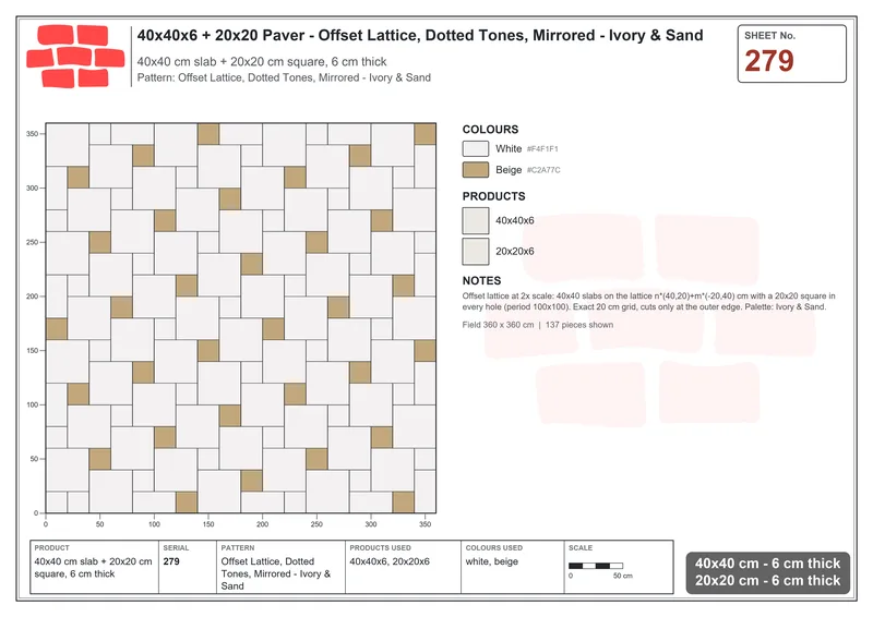 Interlock (Pasco) 40x40 cm · SQ44-279 · Offset Lattice, Dotted Tones, Mirrored - Ivory & Sand · Laying plan Interlock (Pasco) 40x40 cm · SQ44-279 · Offset Lattice, Dotted Tones, Mirrored - Ivory & Sand · Laying plan