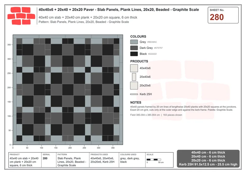 Interlock (Pasco) 40x40 cm · SQ44-280 · Slab Panels, Plank Lines, 20x20, Beaded - Graphite Scale · Laying plan Interlock (Pasco) 40x40 cm · SQ44-280 · Slab Panels, Plank Lines, 20x20, Beaded - Graphite Scale · Laying plan