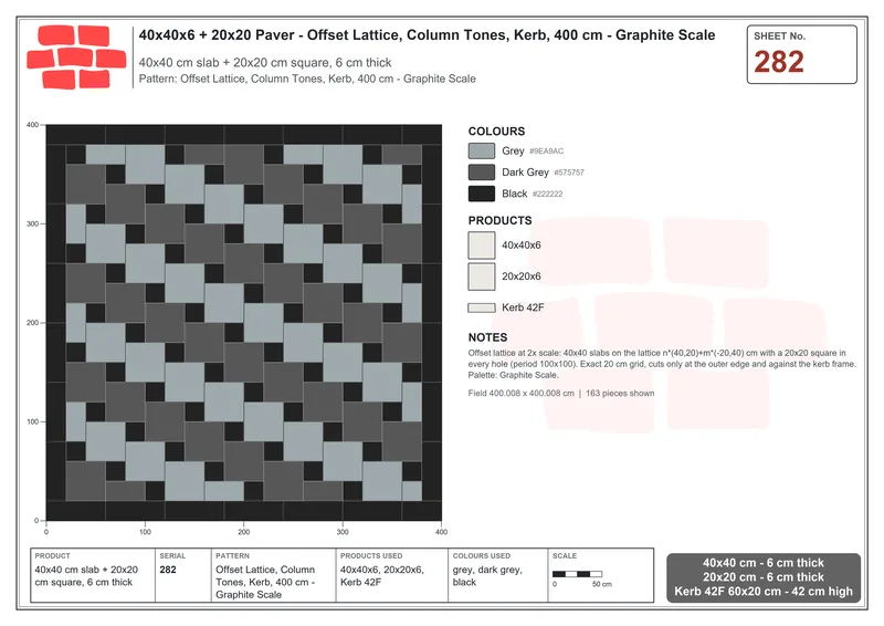 Interlock (Pasco) 40x40 cm · SQ44-282 · Offset Lattice, Column Tones, Kerb, 400 cm - Graphite Scale · Laying plan Interlock (Pasco) 40x40 cm · SQ44-282 · Offset Lattice, Column Tones, Kerb, 400 cm - Graphite Scale · Laying plan
