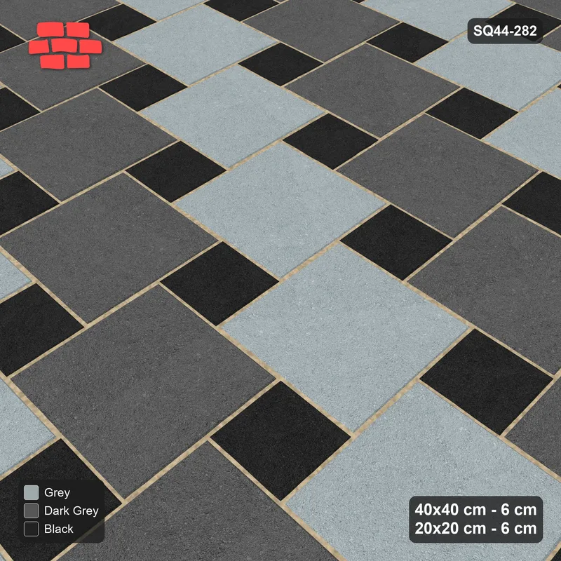Interlock (Pasco) 40x40 cm · SQ44-282 · Offset Lattice, Column Tones, Kerb, 400 cm - Graphite Scale · Side view Interlock (Pasco) 40x40 cm · SQ44-282 · Offset Lattice, Column Tones, Kerb, 400 cm - Graphite Scale · Side view