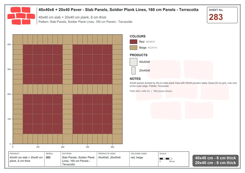 Interlock (Pasco) 40x40 cm · SQ44-283 · Slab Panels, Soldier Plank Lines, 160 cm Panels - Terracotta · Laying plan Interlock (Pasco) 40x40 cm · SQ44-283 · Slab Panels, Soldier Plank Lines, 160 cm Panels - Terracotta · Laying plan