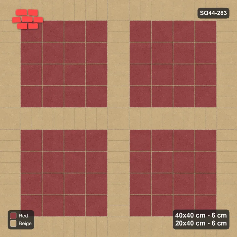 Interlock (Pasco) 40x40 cm · SQ44-283 · Slab Panels, Soldier Plank Lines, 160 cm Panels - Terracotta · Top view Interlock (Pasco) 40x40 cm · SQ44-283 · Slab Panels, Soldier Plank Lines, 160 cm Panels - Terracotta · Top view