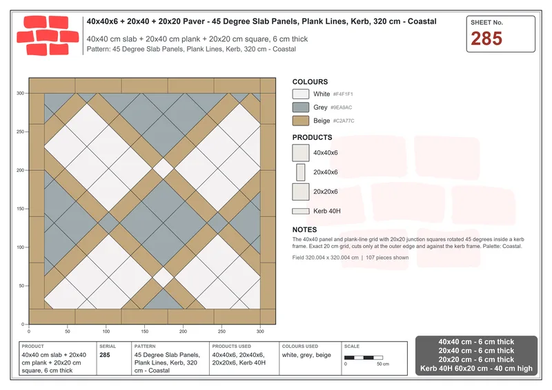 Interlock (Pasco) 40x40 cm · SQ44-285 · 45 Degree Slab Panels, Plank Lines, Kerb, 320 cm - Coastal · Laying plan Interlock (Pasco) 40x40 cm · SQ44-285 · 45 Degree Slab Panels, Plank Lines, Kerb, 320 cm - Coastal · Laying plan