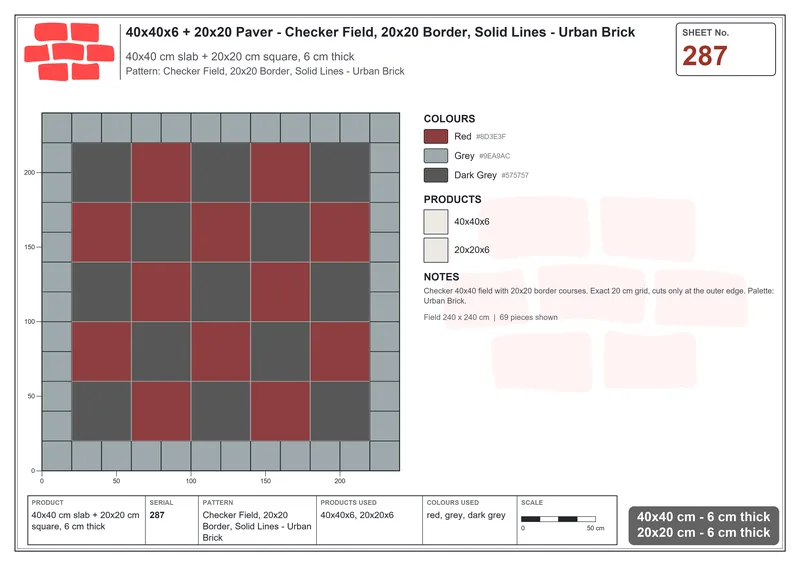 Interlock (Pasco) 40x40 cm · SQ44-287 · Checker Field, 20x20 Border, Solid Lines - Urban Brick · Laying plan Interlock (Pasco) 40x40 cm · SQ44-287 · Checker Field, 20x20 Border, Solid Lines - Urban Brick · Laying plan