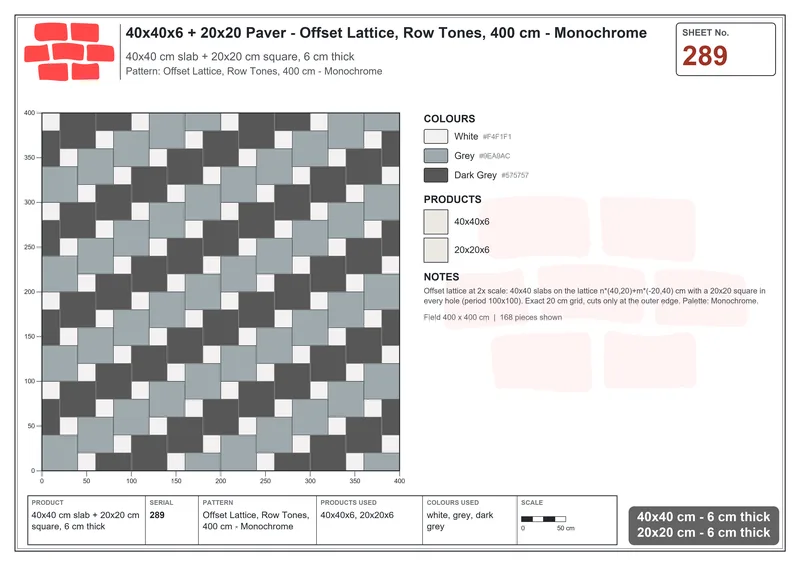 Interlock (Pasco) 40x40 cm · SQ44-289 · Offset Lattice, Row Tones, 400 cm - Monochrome · Laying plan Interlock (Pasco) 40x40 cm · SQ44-289 · Offset Lattice, Row Tones, 400 cm - Monochrome · Laying plan
