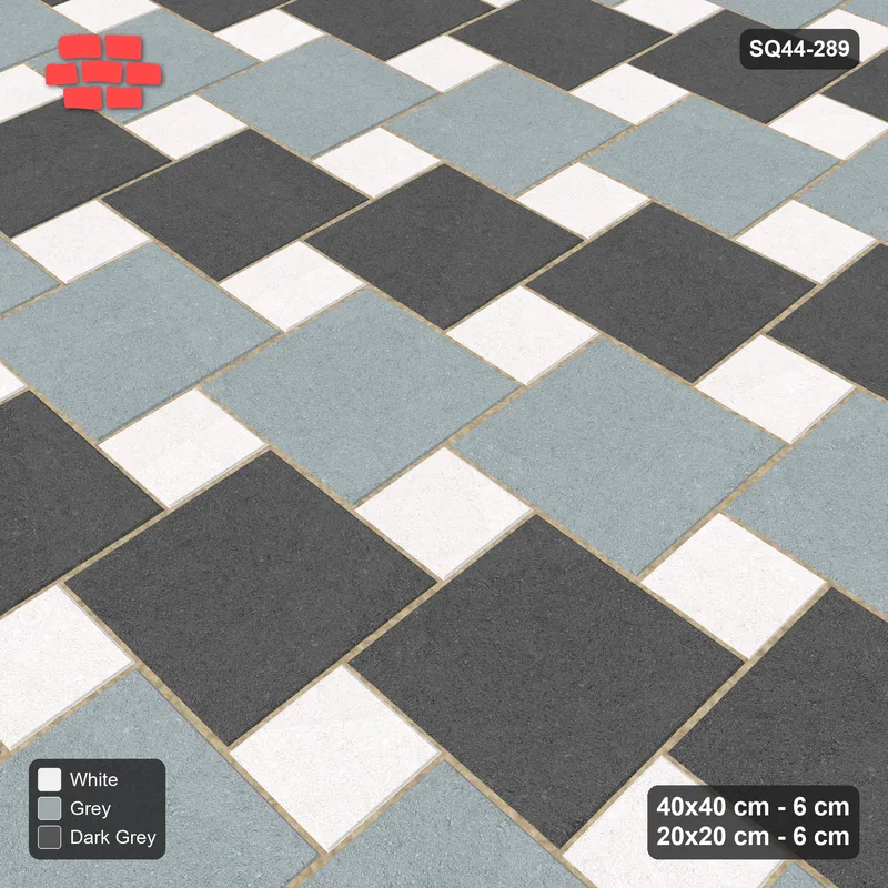 Interlock (Pasco) 40x40 cm · SQ44-289 · Offset Lattice, Row Tones, 400 cm - Monochrome · Side view Interlock (Pasco) 40x40 cm · SQ44-289 · Offset Lattice, Row Tones, 400 cm - Monochrome · Side view