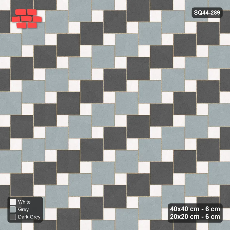 Interlock (Pasco) 40x40 cm · SQ44-289 · Offset Lattice, Row Tones, 400 cm - Monochrome · Top view Interlock (Pasco) 40x40 cm · SQ44-289 · Offset Lattice, Row Tones, 400 cm - Monochrome · Top view