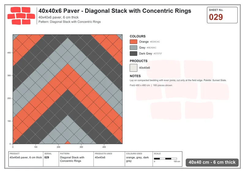 Interlock (Pasco) 40x40 cm · SQ44-29 · Diagonal Stack with Concentric Rings · Laying plan Interlock (Pasco) 40x40 cm · SQ44-29 · Diagonal Stack with Concentric Rings · Laying plan
