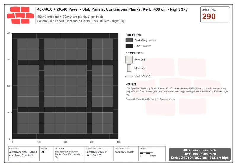 Interlock (Pasco) 40x40 cm · SQ44-290 · Slab Panels, Continuous Planks, Kerb, 400 cm - Night Sky · Laying plan Interlock (Pasco) 40x40 cm · SQ44-290 · Slab Panels, Continuous Planks, Kerb, 400 cm - Night Sky · Laying plan